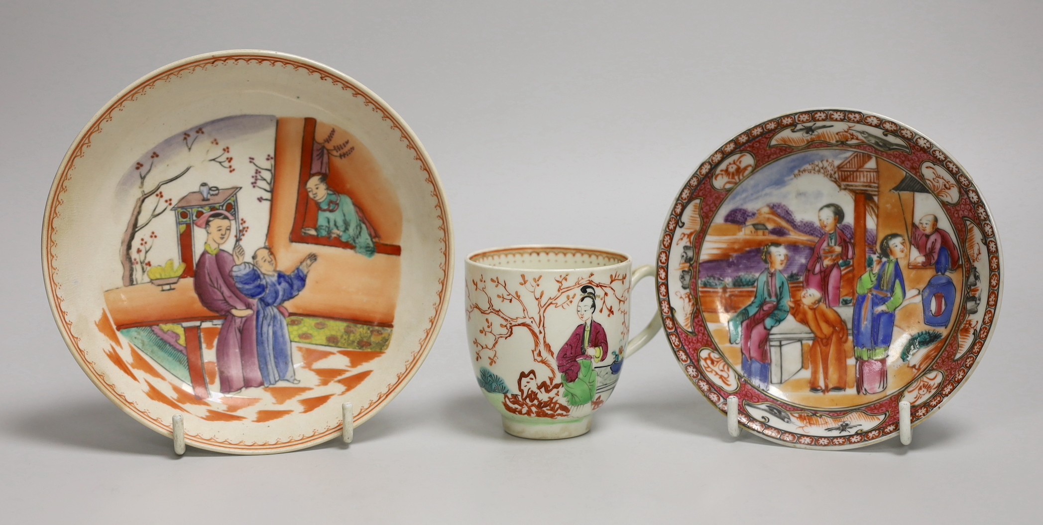 An 18th century Worcester porcelain coffee cup, a later saucer and a Chinese saucer, cup 6.5cms high